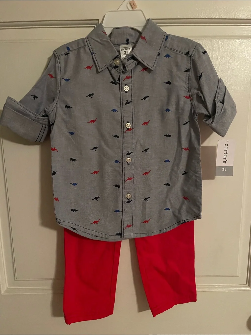 Carter's Gray Button-Down Shirt with Red, Blue & Black Dino Print